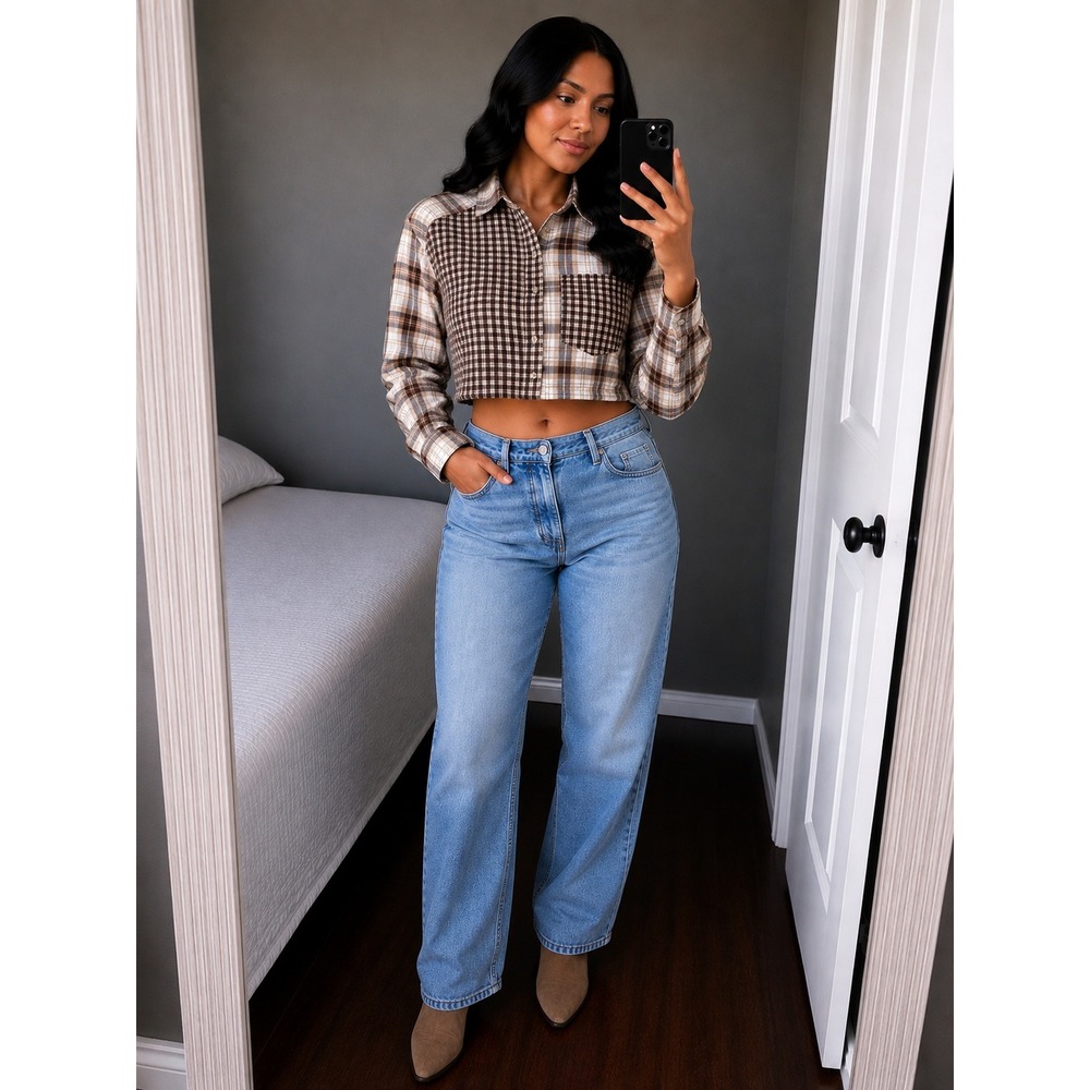 American Eagle Women Medium‎ Brown Tan Plaid Patchwork Cropped Flannel Shirt